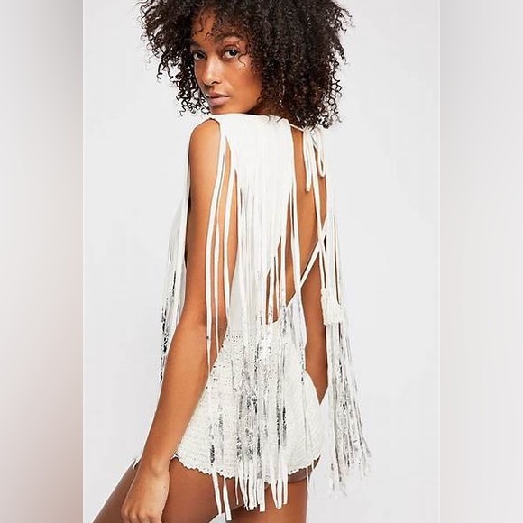 Free People Electric Crochet White Romper Boho Suede/Leather Fringe Medium - Picture 3 of 16